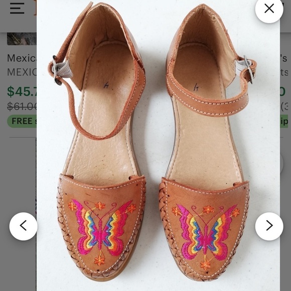 MEXICAN HUARACHES LEATHER BUTTERFLY EMBROIDERED ANKLE STRAP SIZE 8 - Picture 4 of 10